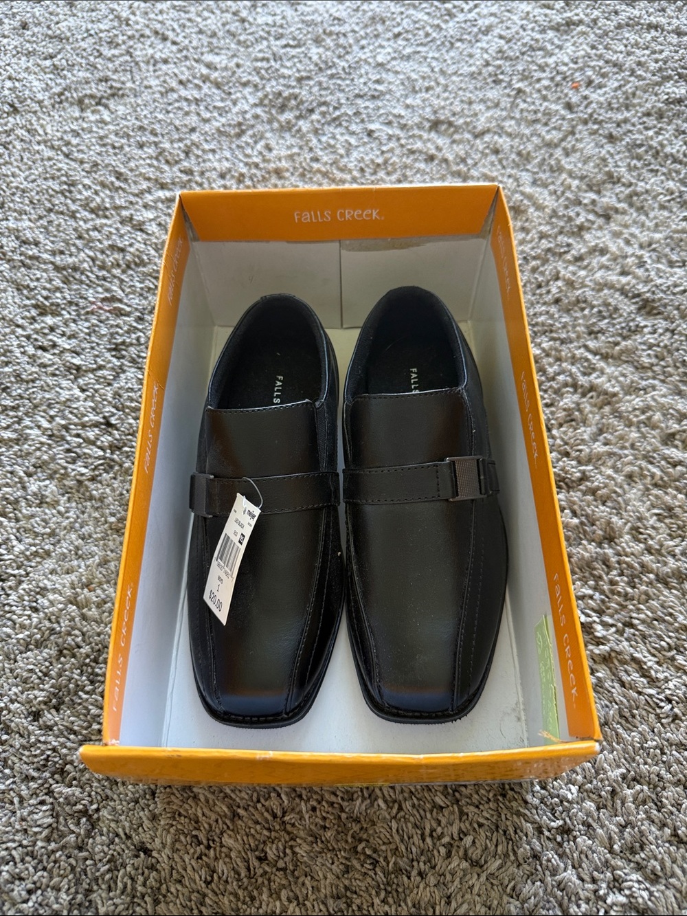 Falls Creek Boys Black Slip-On Dress Loafers with Strap accent